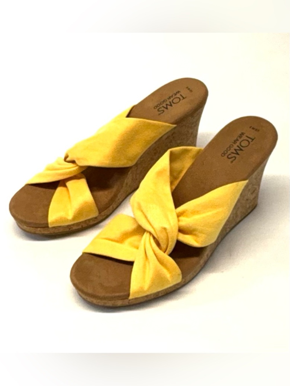TOMS Serena Yellow Microfiber Cork Wedge Slide Sandals - Size 9